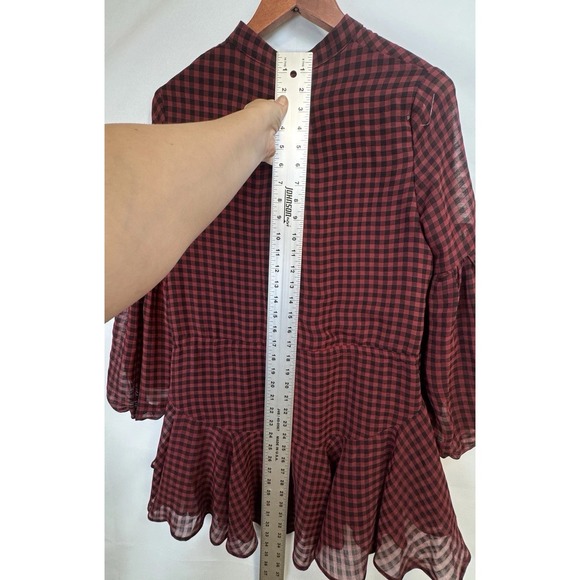 VICI Plaid Peplum Dress Red Black Check Small Sheer Balloon Sleeve Tie Front - Picture 7 of 11